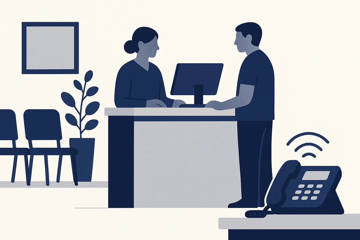 Illustration: a clinic receptionist helps a patient at the front desk while a phone rings unanswered beside them.