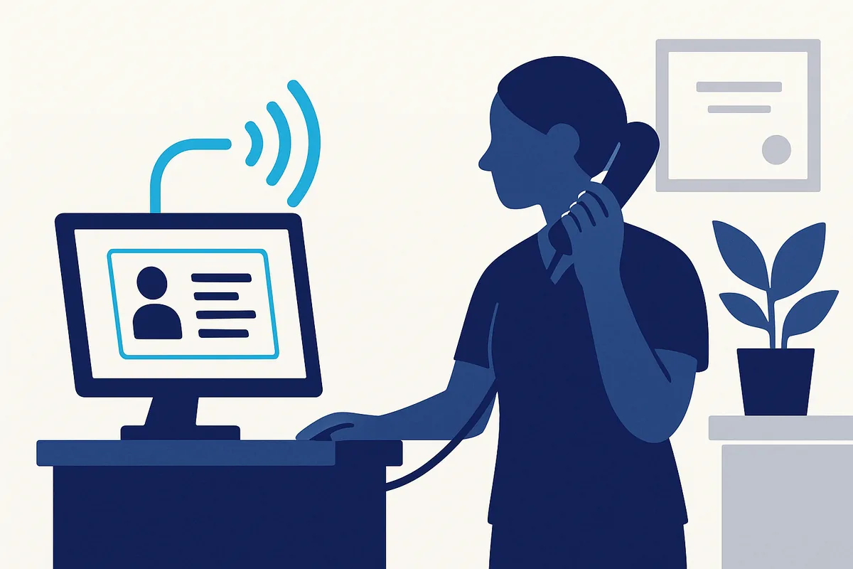 Illustration: a receptionist answers a transferred call with the caller's details already shown on screen.